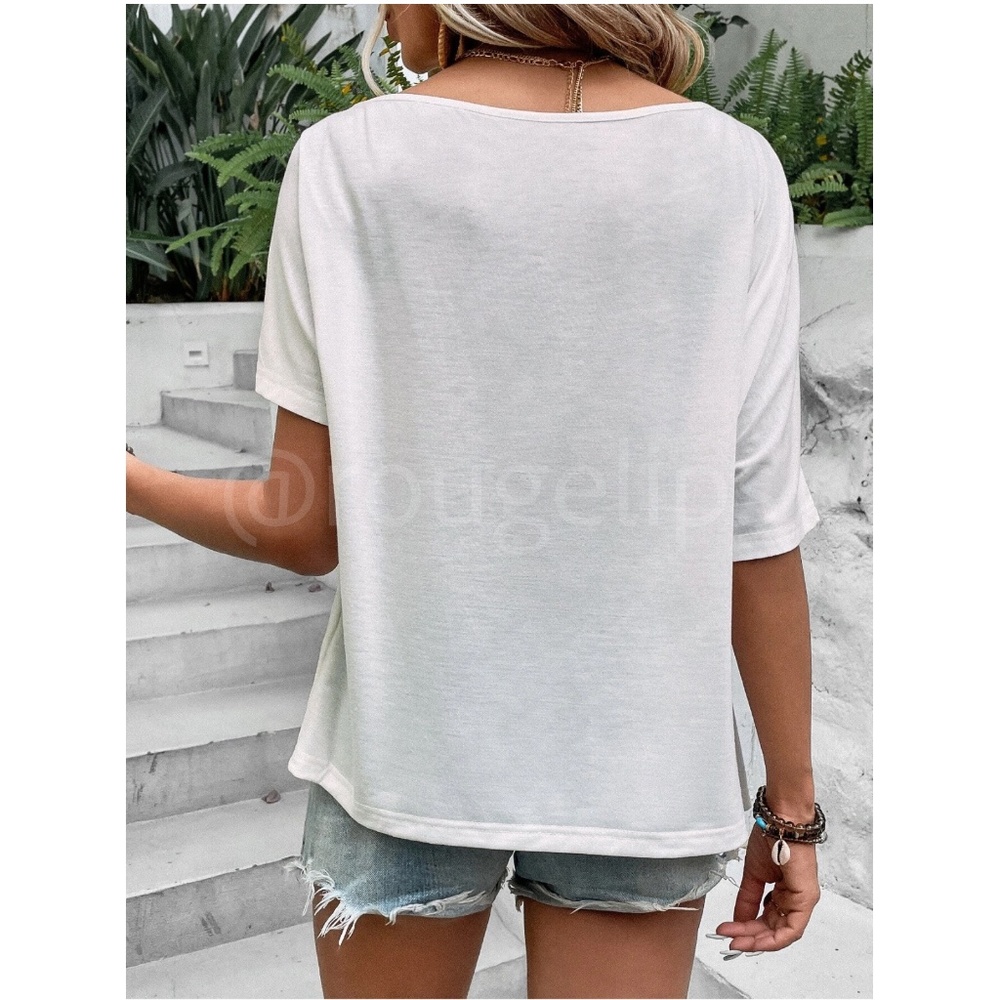 Asymmetric Boat Neck Batwing Cut Out Short Sleeve White Tee Shirt - Picture 4 of 7